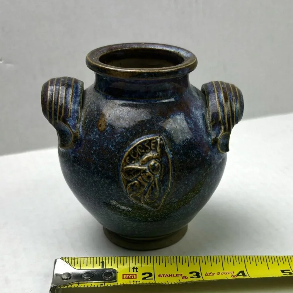 Small Vase 4” Two Handles Earth Décor Pyrite & Flame Signed Truchon Corse Bee EC